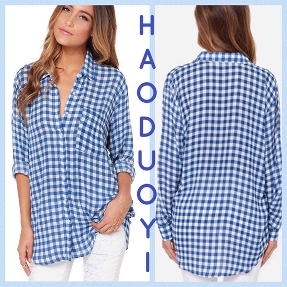 Haoduoyi Tops - HAODUOYI Fashion casual blue plaid Blouse M